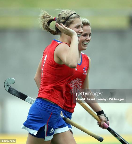 Great Britain's Georgie Twigg and Sarah Page celebrate a goal against Australia during the Women's Hockey at the Australian Youth Olympic Festival...