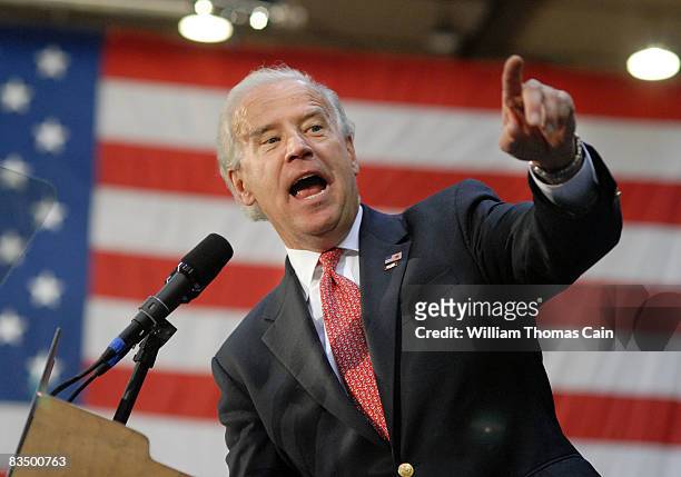 Democratic vice presidential candidate Joe Biden speaks to supporters at Muhlenberg College October 30, 2008 in Allentown, Pennsylvania. Voters go to...