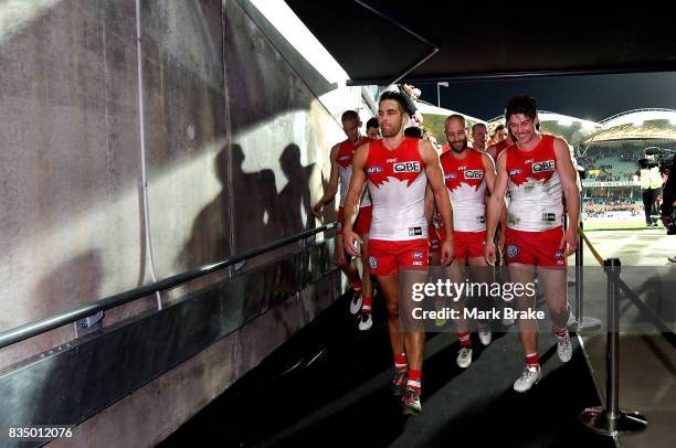 Sydeny Swans head down the race after defeating the Crows in the round 22 AFL match between the Adelaide Crows and the Sydney Swans at Adelaide Oval...