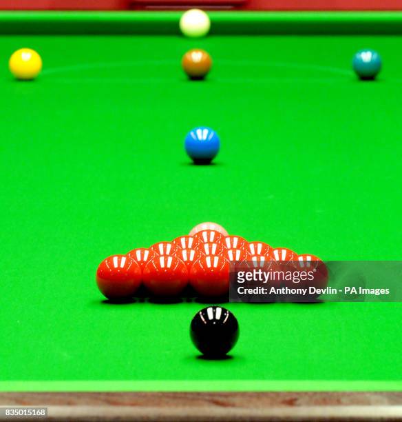 Snooker balls are placed on the table during the semi finals of The Masters at Wembley Arena, London