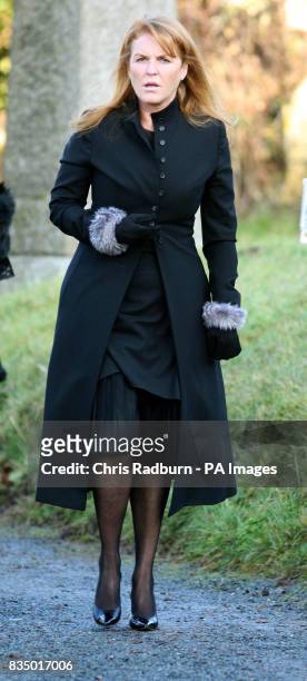 The Duchess of York arrives at St Marys Church, for the funeral of Sir Dai Llewellyn in Coddenham, Suffolk.