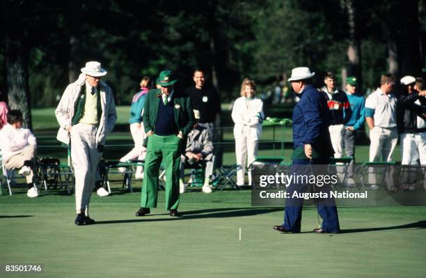 1990s: USGA official, P.J. Boatwright choosing the hole location during the 1990s Masters Tournament at Augusta National Golf Club in the April 1990s...