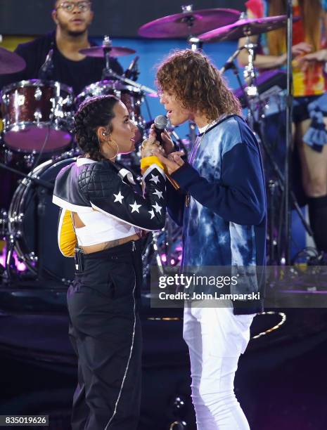 Demi Lovato and Trevor Dahl of Cheat Codes perform on ABC's "Good Morning America" at Rumsey Playfield on August 18, 2017 in New York City.