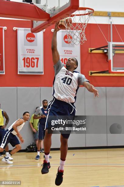 Darius Morris of the USA AmeriCup Team drives to the basket during a training camp at the University of Houston in Houston, Texas on August 17, 2017....