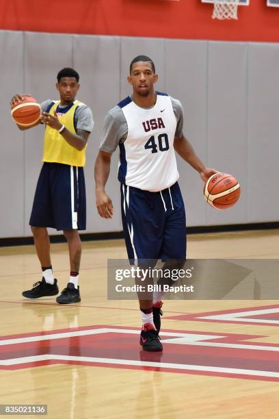 Darius Morris of the USA AmeriCup Team dribbles the ball during a training camp at the University of Houston in Houston, Texas on August 17, 2017....