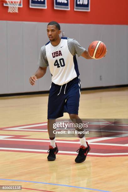 Darius Morris of the USA AmeriCup Team dribbles the ball during a training camp at the University of Houston in Houston, Texas on August 17, 2017....