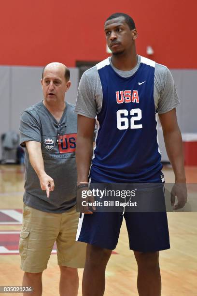 Jeff Van Gundy, head coach of the USA AmeriCup Team, coaches Jonathan Holmes during a training camp at the University of Houston in Houston, Texas on...