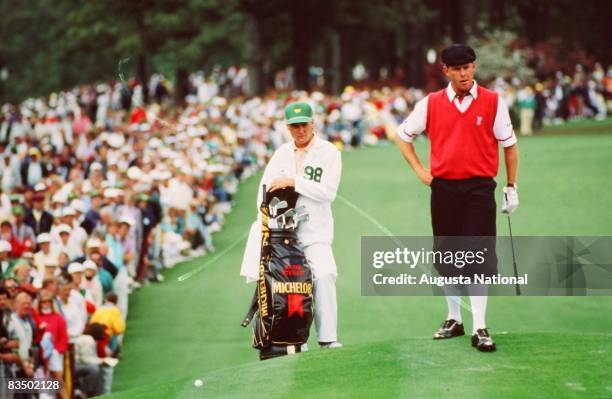 Payne Stewart and his caddie during the 1998 Masters Tournament at Augusta National Golf Club in April 1998 in Augusta, Georgia.