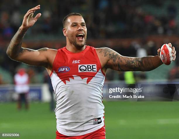 Buddy Franklin of the Swans fires up the Swans fans during the round 22 AFL match between the Adelaide Crows and the Sydney Swans at Adelaide Oval on...