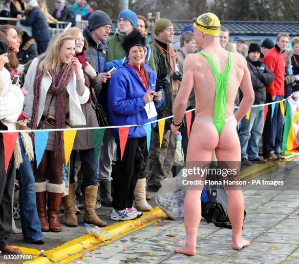 Charity swimmer, Graham Smith, braves the cold with humour and a man-kini during the National Cold Water Swimming Championship at Tooting Bec, London.