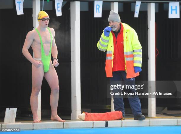 Charity swimmer, Graham Smith, braves the cold with humour and a man-kini during the National Cold Water Swimming Championship at Tooting Bec, London.