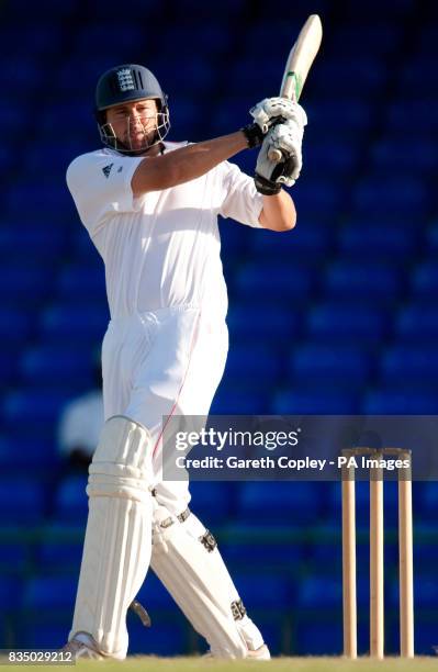 England's Steve Harmison hits out during the tour match at Warren Park Cricket Ground, St Kitts.