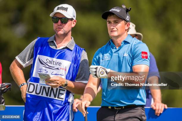 Paul Dunne of Ireland and his caddie are seen during day two of the Saltire Energy Paul Lawrie Matchplay at Golf Resort Bad Griesbach on August 18,...