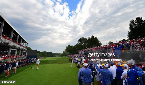 Mel Reid of Team Europe plays the opening tee shot during the morning foursomes matches of The Solheim Cup at Des Moines Golf and Country Club on...