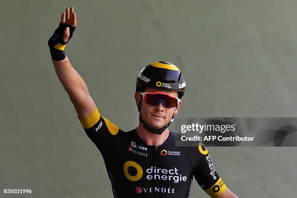 France's Thomas Boudat gestures after winning the men's Elite Scratch event at the French National Track Cycling Championships on August 18, 2017 at...