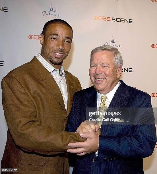 Rodney Harrison of the New England Patriots and Chairman and CEO of the Kraft Group Robert Kraft attends the grand opening of the CBS Scene...