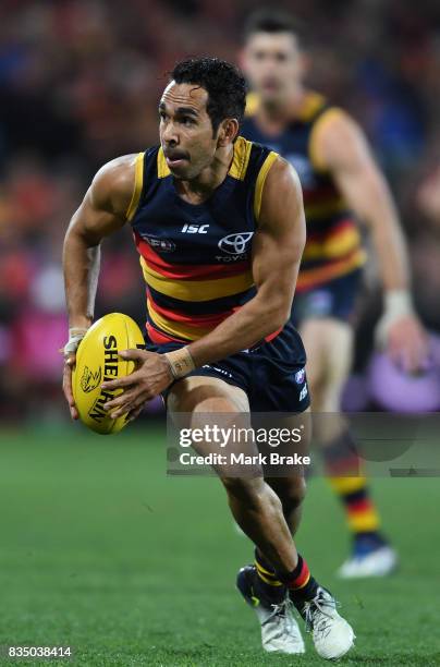 Eddie Betts of the Crows competes during the round 22 AFL match between the Adelaide Crows and the Sydney Swans at Adelaide Oval on August 18, 2017...