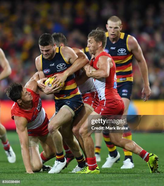 Brad Crouch of the Crows under pressure from Kieren Jack of the Swans competes during the round 22 AFL match between the Adelaide Crows and the...