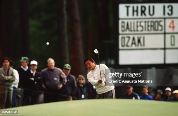 Jumbo Ozaki watches his shot during the 1989 Masters Tournament at Augusta National Golf Club in April 1989 in Augusta, Georgia.