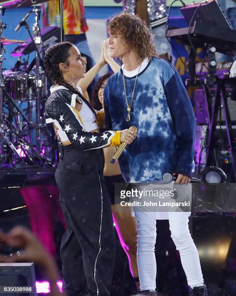 Demi Lovato and Trevor Dahl of Cheat Codes perform on ABC's "Good Morning America" at Rumsey Playfield on August 18, 2017 in New York City.