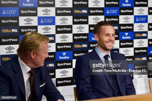 Gylfi Sigurdsson of Everton speaks to the press at USM Finch Farm on August 18, 2017 in Halewood, England.
