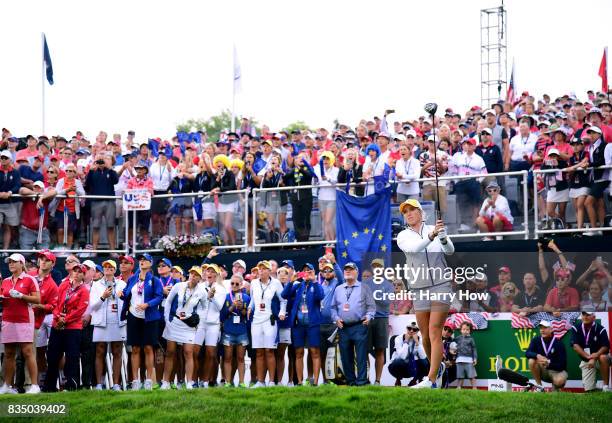 Melissa Reid of Team Europe hits the opening shot during the morning foursomes matches of the Solheim Cup at the Des Moines Golf and Country Club on...