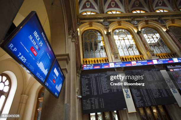 Stock price information sits on electronic screens inside the Madrid stock exchange, also known as Bolsas y Mercados Espanoles, the day after the...