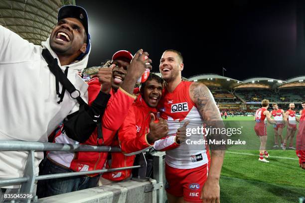 Buddy Franklin of the Swans thanks his supporters during the round 22 AFL match between the Adelaide Crows and the Sydney Swans at Adelaide Oval on...