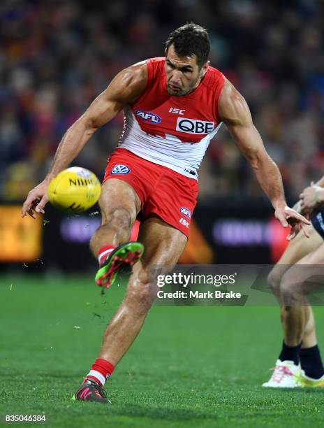 Josh Kennedy of the Swans competes during the round 22 AFL match between the Adelaide Crows and the Sydney Swans at Adelaide Oval on August 18, 2017...