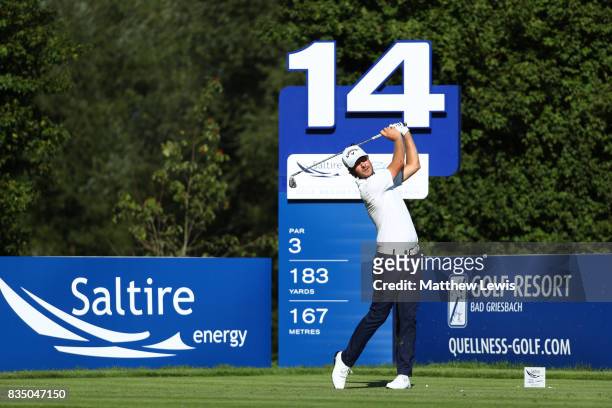 Jens Fahrbring of Sweden tees off on the 14th hole during the 32 qualifiers matches of the Saltire Energy Paul Lawrie Matchplay at Golf Resort Bad...