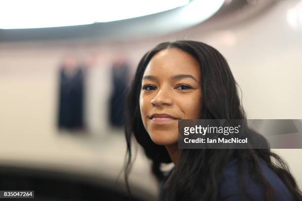 PyeongChang Winter Olympic hopeful Mica Moore poses for photographs at The Orium sports complex on August 18, 2017 in Edinburgh, Scotland.