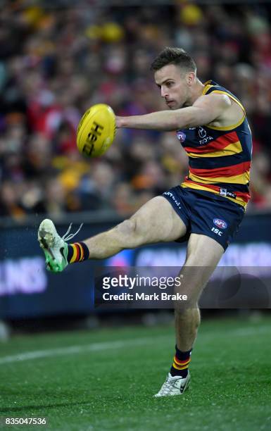 Brodie Smith of the Crows competes during the round 22 AFL match between the Adelaide Crows and the Sydney Swans at Adelaide Oval on August 18, 2017...