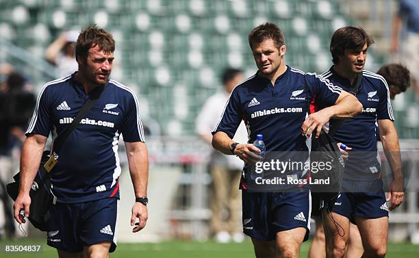 Andrew Hore, Richie McCaw and Conrad Smith of the All Blacks during the New Zealand All Blacks captains run at Hong Kong Stadium on October 31, 2008...