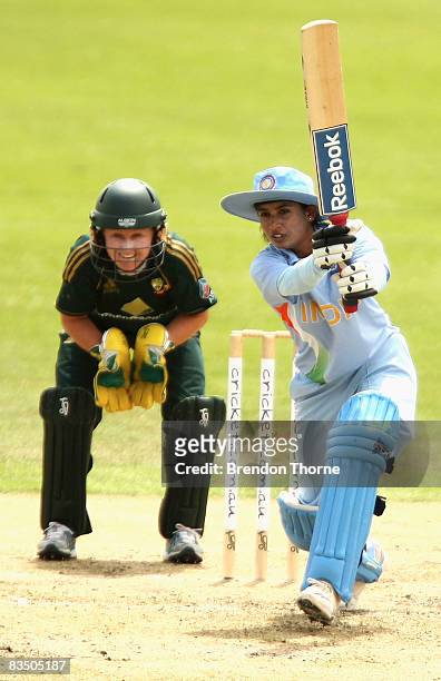 Mithali Ray of India plays a stroke during the first women`s one day international match between the Australian Southern Stars and India at...
