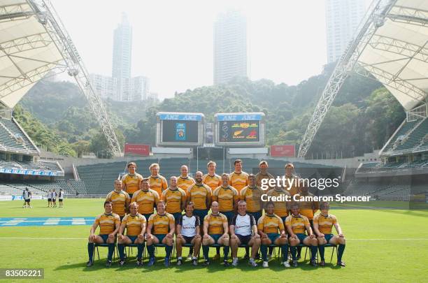 The Wallabies pose for a team shot during the Australian Wallabies captain's run at Hong Kong Stadium on October 31, 2008 in Hong Kong, China.