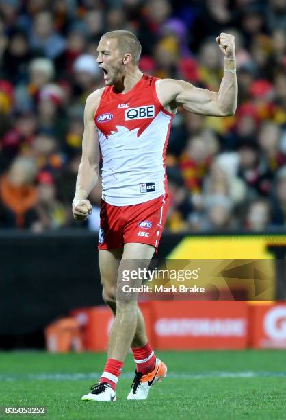Sam Reid of the Swans celebrates a goal during the round 22 AFL match between the Adelaide Crows and the Sydney Swans at Adelaide Oval on August 18,...