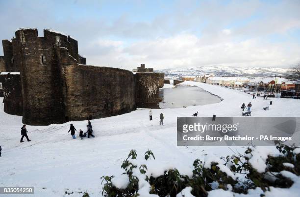 Snow near Caerphilly Castle in the centre of Caerphilly, south Wales.