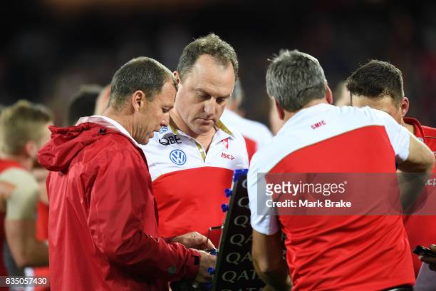 John Longmire coach of the Swans at three quarter time during the round 22 AFL match between the Adelaide Crows and the Sydney Swans at Adelaide Oval...