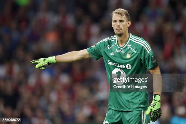 Goalkeeper Arild Ostbo of Norway U21 during the UEFA Europa League fourth round qualifying first leg match between Ajax Amsterdam and RosenBorg BK at...