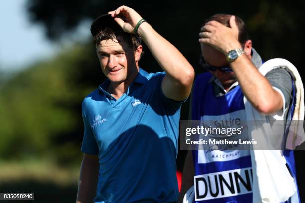 Paul Dunne of Ireland reacts to his win on the 15th green during the 32 qualifiers matches of the Saltire Energy Paul Lawrie Matchplay at Golf Resort...