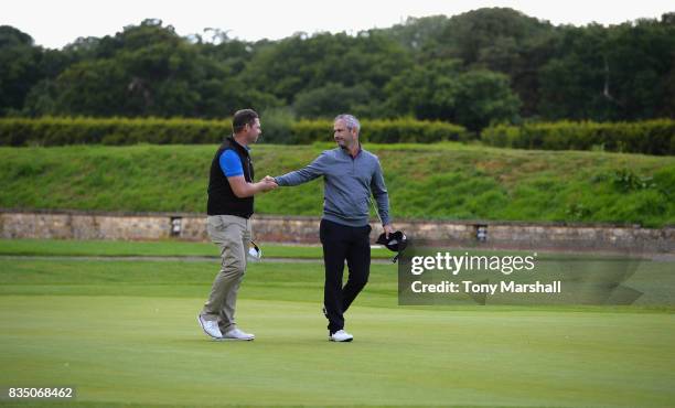 Martyn Jobling of Morpeth Golf Club and David Clark of Morpeth Golf Club celebrate winning the Golfbreaks.com PGA Fourball Championship on the 18th...