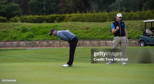 Martyn Jobling of Morpeth Golf Club and David Clark of Morpeth Golf Club celebrate winning the Golfbreaks.com PGA Fourball Championship on the 18th...