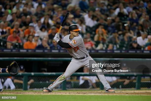 Joey Rickard of the Baltimore Orioles bats against the Detroit Tigers at Comerica Park on May 16, 2017 in Detroit, Michigan.