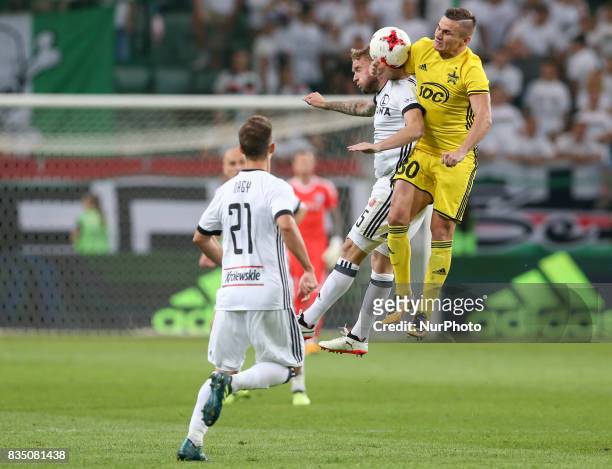 Dominik Nagy , Thibault Moulin , Josip Brezovec , in action during match UEFA Europa League play-off, Legia Warsaw and FC Sheriff Tiraspol in Warsaw,...