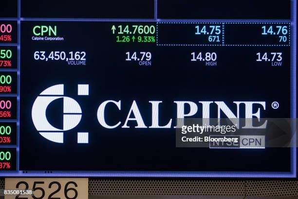 Calpine Corp. Signage is displayed on a monitor on the floor of the New York Stock Exchange in New York, U.S., on Friday, Aug. 18, 2017. Stocks were...
