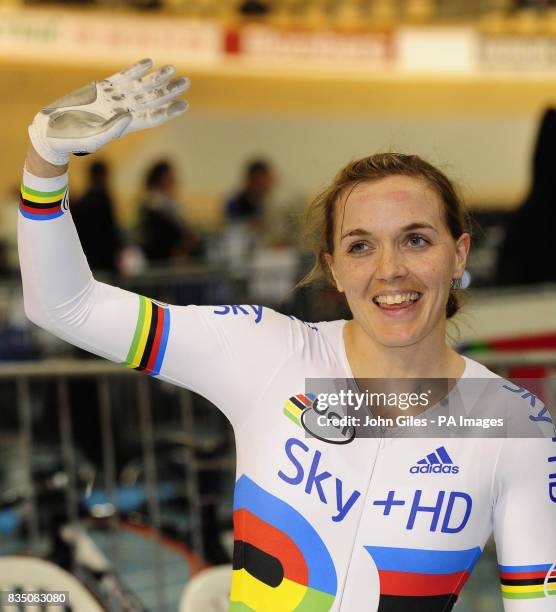 Victoria Pendleton celebrates her victory in the Womens Sprint at the Ballerup Super Arena, Copenhagen.