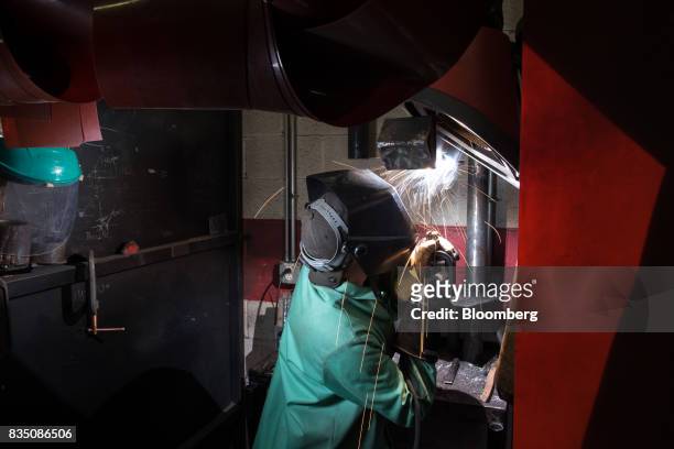 Student practices welding techniques during a class at the Penn Commercial Business/Technical School in Washington, Pennsylvania, U.S., on Tuesday,...