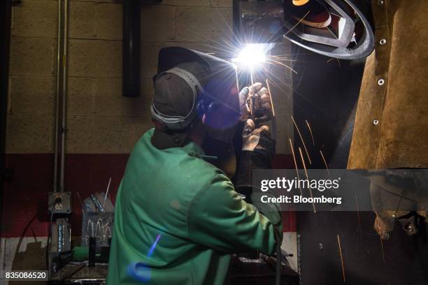 Student practices welding techniques during a class at the Penn Commercial Business/Technical School in Washington, Pennsylvania, U.S., on Tuesday,...