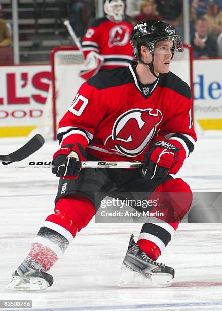 Matt Halischuk of the New Jersey Devils skates during his first NHL game against the Toronto Maple Leafs at the Prudential Center on October 29, 2008...