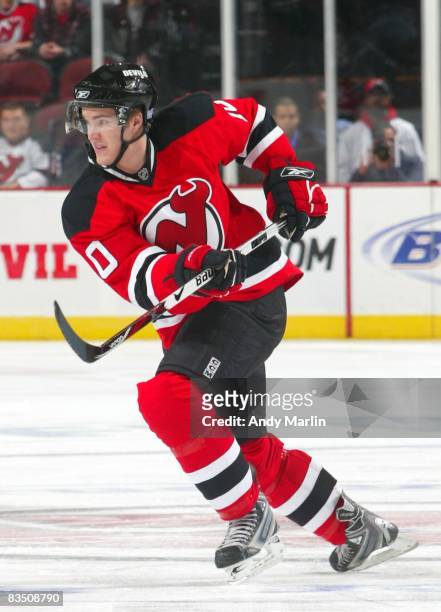 Matt Halischuk of the New Jersey Devils skates during his first NHL game against the Toronto Maple Leafs at the Prudential Center on October 29, 2008...